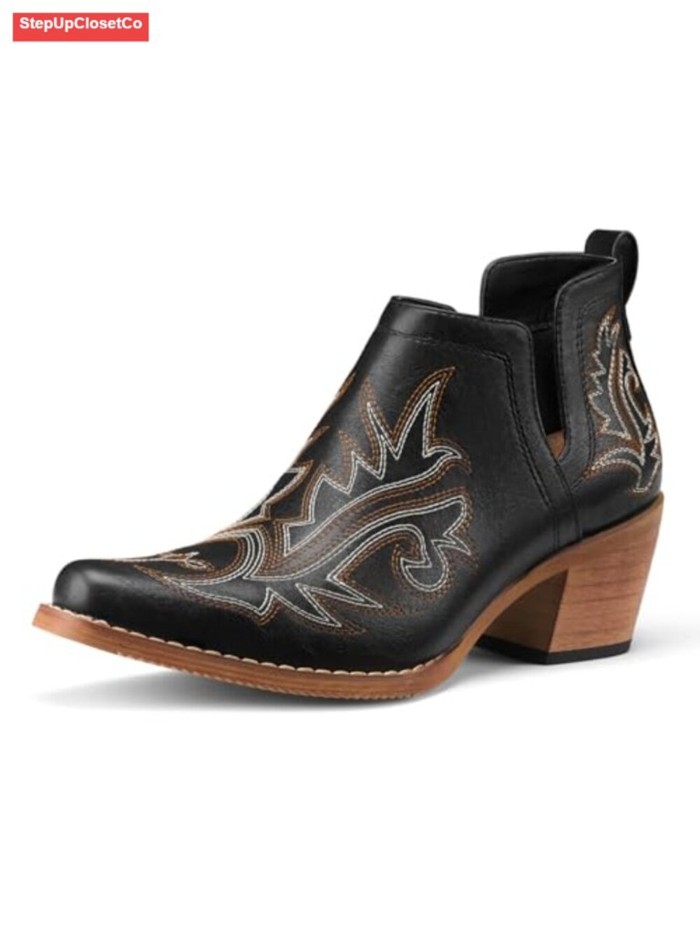 Cowboy Ankle Booties for Women - Vegan Leather Chunky Heel Western Short Boots